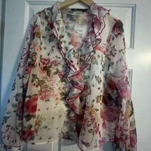Zara Pink and Red Floral Ruffled Long Sleeve Blouse